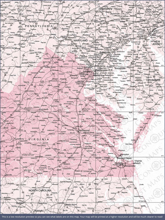 Push Pin Virginia Map (Pin Board/Poster) - Pink Color Splash