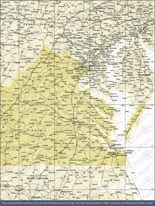Virginia Map Poster - Yellow Color Splash CM Poster
