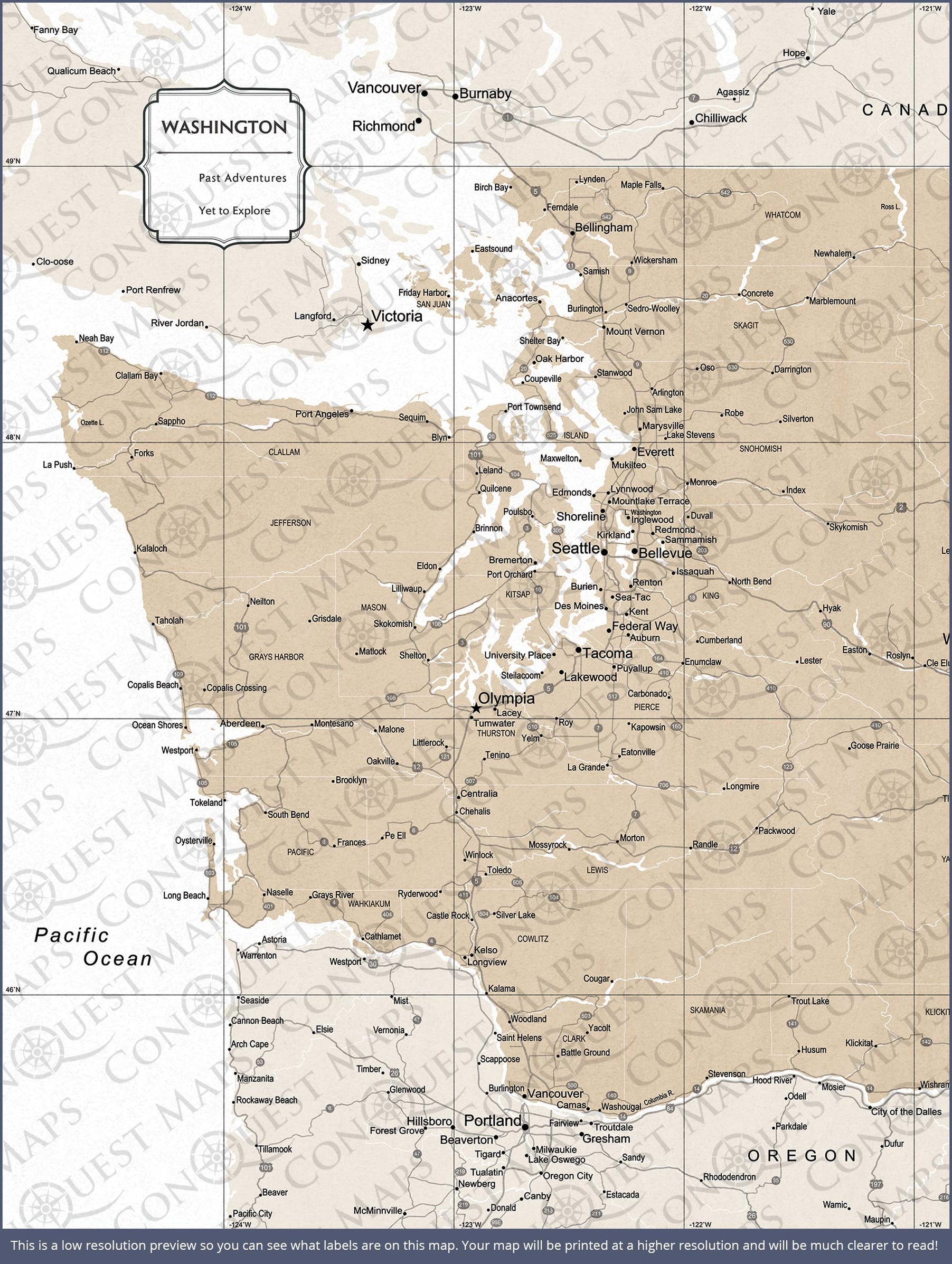 Basic Washington Maps Washington Map Poster - Light Brown Color Splash - Conquest Maps LLC