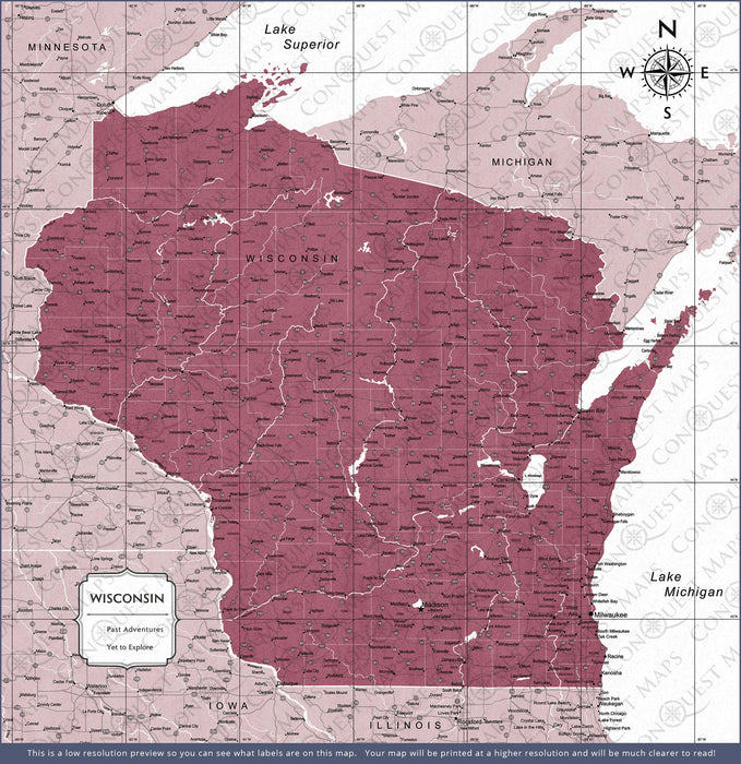 Push Pin Wisconsin Map (Pin Board) - Burgundy Color Splash