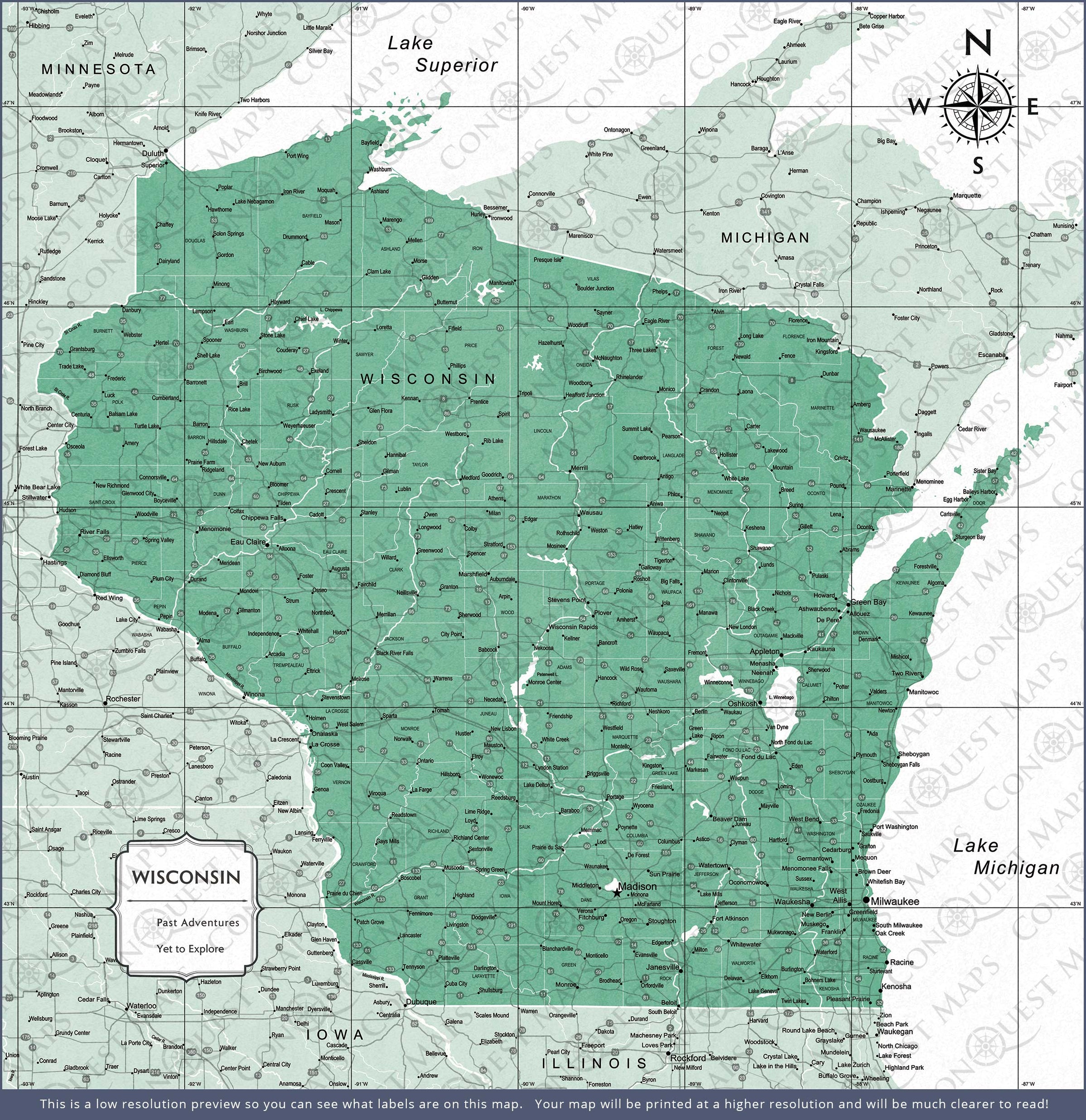 Wisconsin Map Poster - Green Color Splash - Conquest Maps LLC