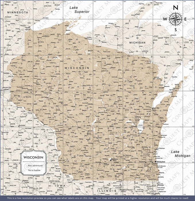 Wisconsin Map Poster - Light Brown Color Splash - Conquest Maps LLC