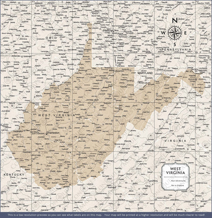 Push Pin West Virginia Map (Pin Board) - Light Brown Color Splash CM Pin Board