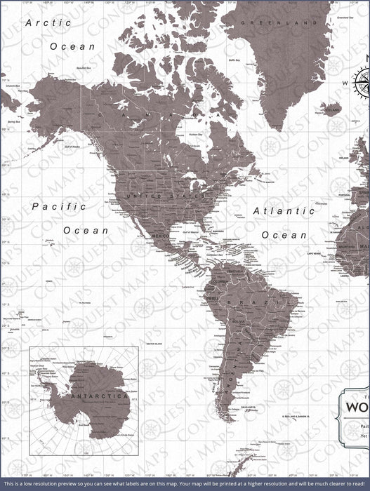World Travel Map Pin Board with Push Pins: Dark Brown Color Splash