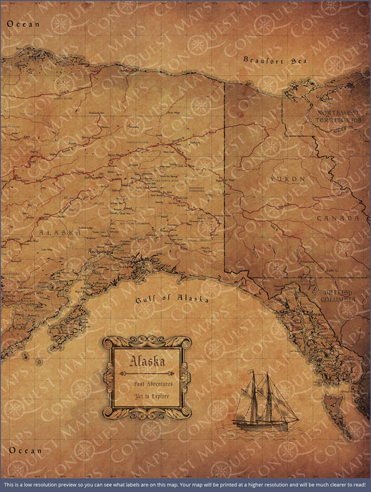 Alaska Map Poster - Golden Aged CM Poster