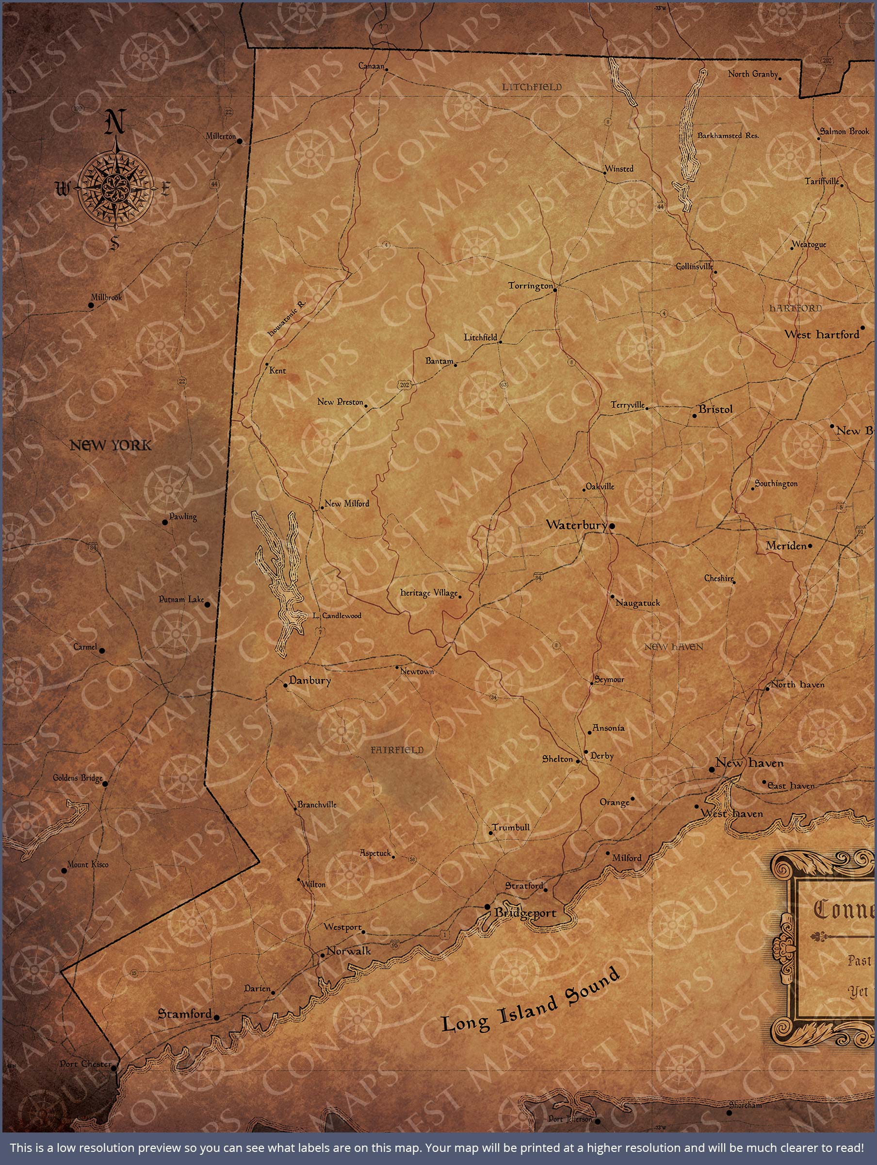 Connecticut Map Poster - Golden Aged - Conquest Maps LLC