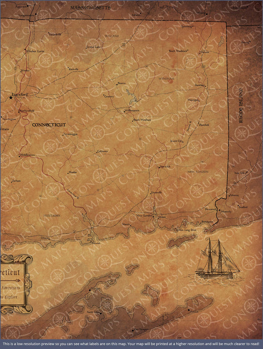 Connecticut Map Poster - Golden Aged CM Poster