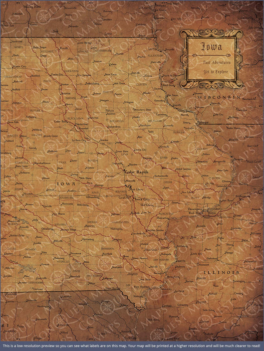 Iowa Map Poster - Golden Aged CM Poster