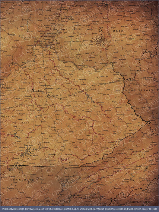 Kentucky Map Poster - Golden Aged CM Poster