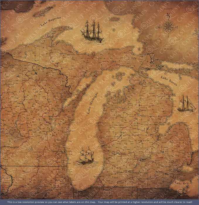 Michigan Map Poster - Golden Aged CM Poster