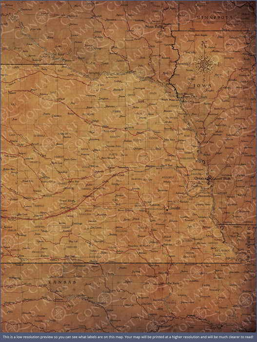 Nebraska Map Poster - Golden Aged CM Poster