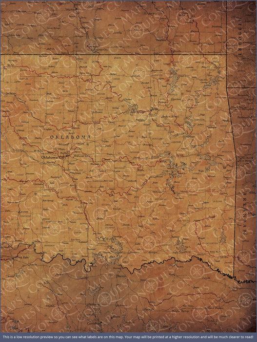 Oklahoma Map Poster - Golden Aged CM Poster