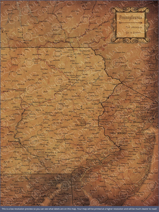 Pennsylvania Map Poster - Golden Aged CM Poster