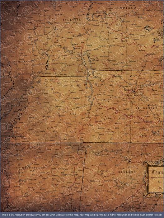 Tennessee Map Poster - Golden Aged CM Poster