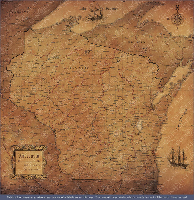 Wisconsin Map Poster - Golden Aged CM Poster