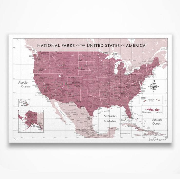 National Parks Push Pin Travel Map (Pin Board) - Burgundy Color Splash