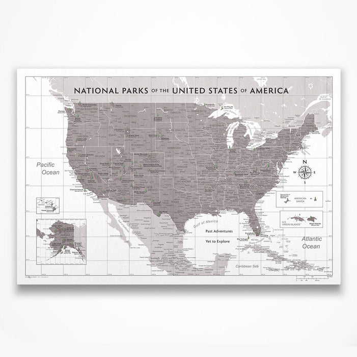 National Parks Push Pin Travel Map (Pin Board) - Dark Brown Color Splash