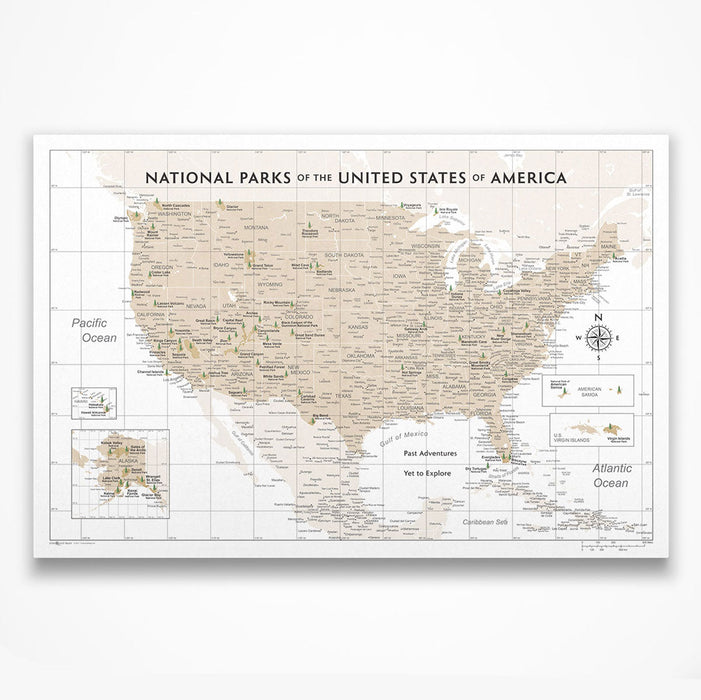 National Parks Push Pin Travel Map (Pin Board) - Light Brown Color Splash