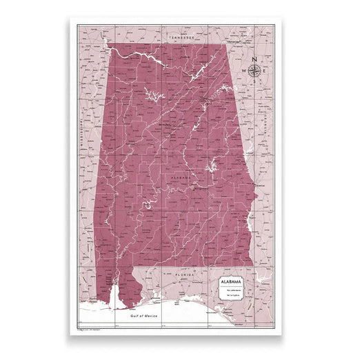 Alabama Map Poster - Burgundy Color Splash