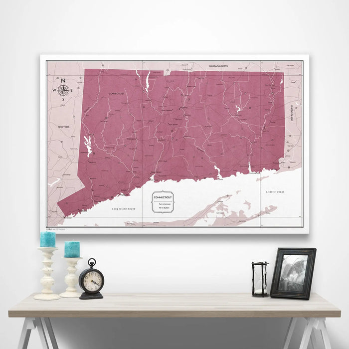 Push Pin Connecticut Map (Pin Board/Poster) - Burgundy Color Splash Conquest Maps LLC