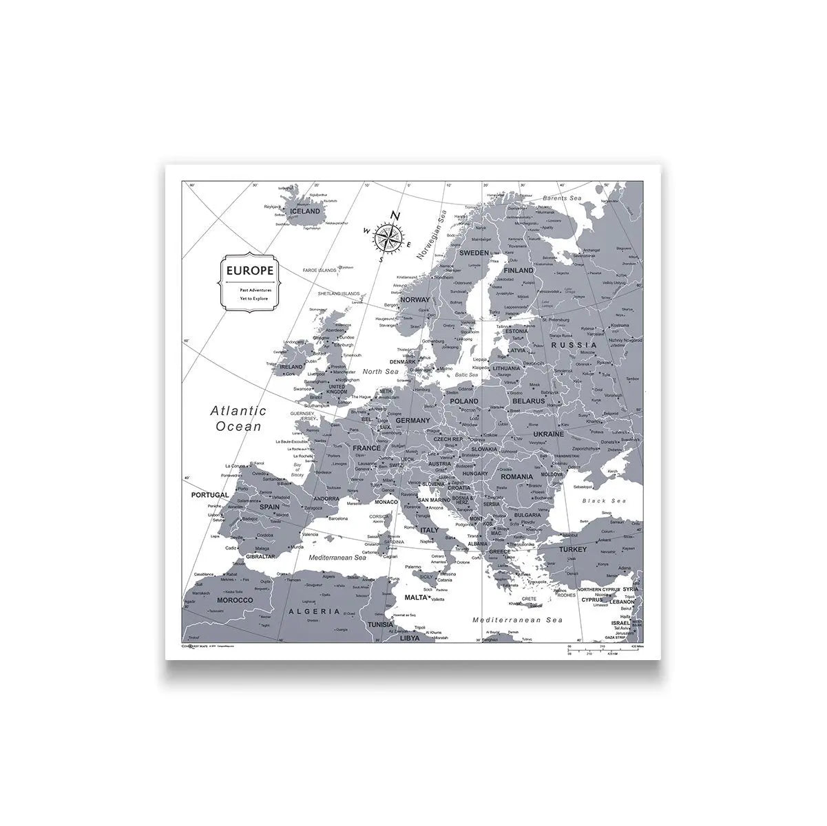 Europe Map Shell Europe Map Poster - Dark Gray Color Splash - Conquest Maps LLC