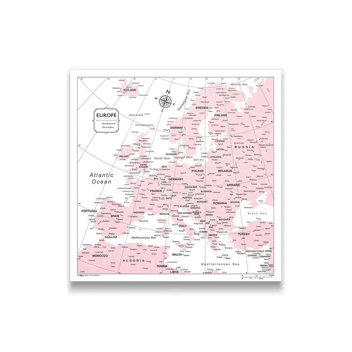 Europe Map Poster - Pink Color Splash - Conquest Maps LLC