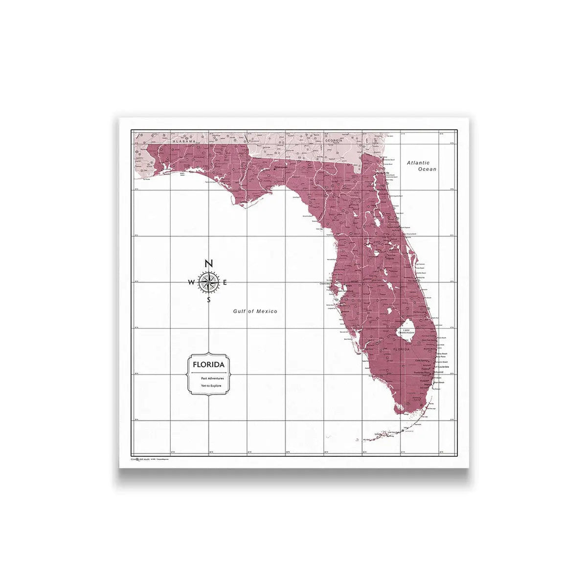 Florida Map Poster - Burgundy Color Splash - Conquest Maps LLC