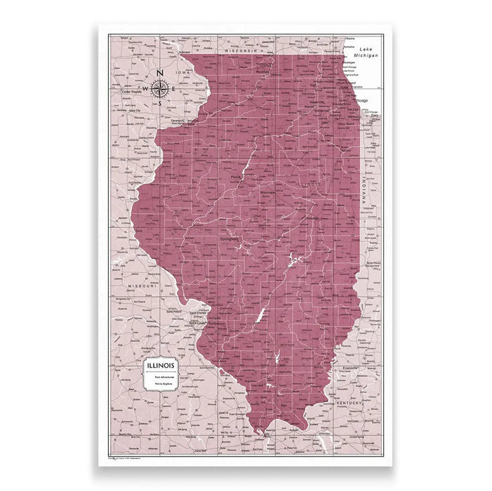Push Pin Illinois Map (Pin Board/Poster) - Burgundy Color Splash CM Pin Board