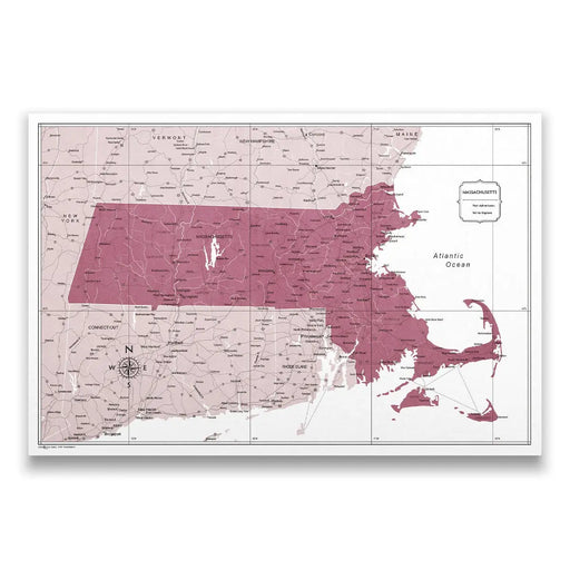 Push Pin Massachusetts Map (Pin Board/Poster) - Burgundy Color Splash CM Pin Board