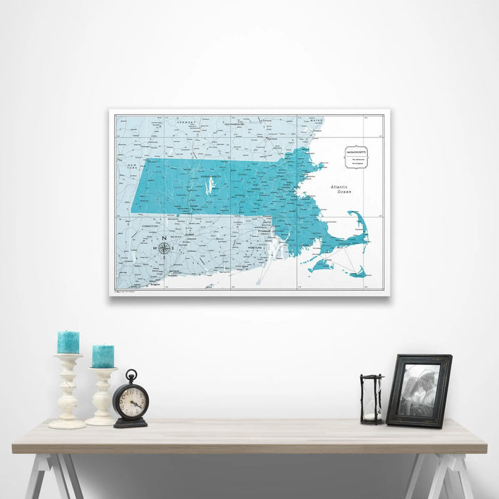 Push Pin Massachusetts Map (Pin Board/Poster) - Teal Color Splash CM Pin Board