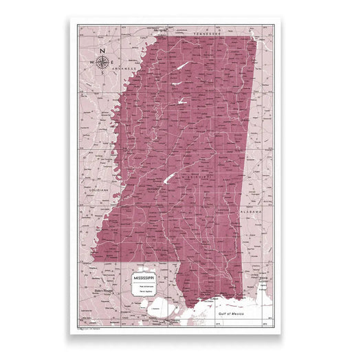 Mississippi Map Poster - Burgundy Color Splash