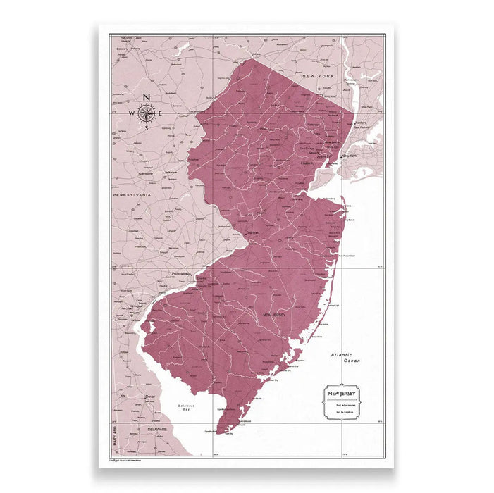 Push Pin New Jersey Map (Pin Board) - Burgundy Color Splash CM Pin Board