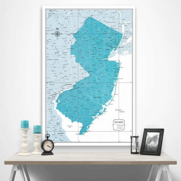 New Jersey Map Poster - Teal Color Splash CM Poster