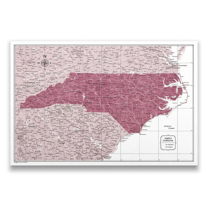 Push Pin North Carolina Map (Pin Board/Poster) - Burgundy Color Splash CM Pin Board