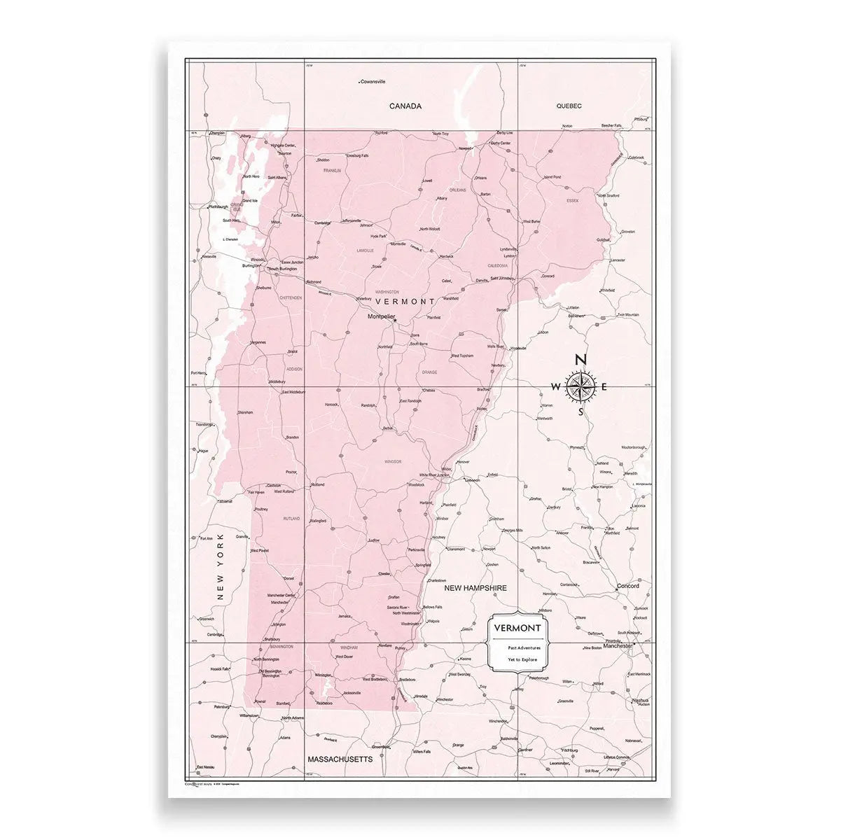 Vermont Map Poster - Pink Color Splash - Conquest Maps LLC