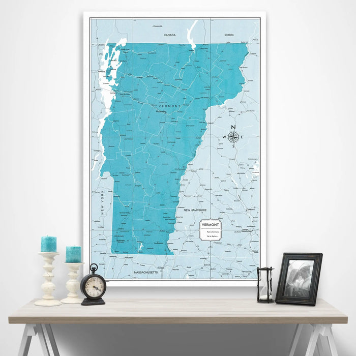 Push Pin Vermont Map (Pin Board/Poster) - Teal Color Splash CM Pin Board