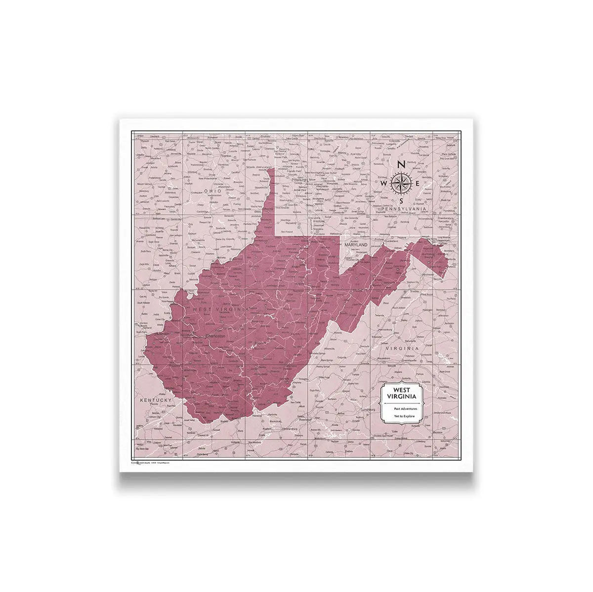 West Virginia Map Poster Burgundy Color Splash Conquest Maps LLC