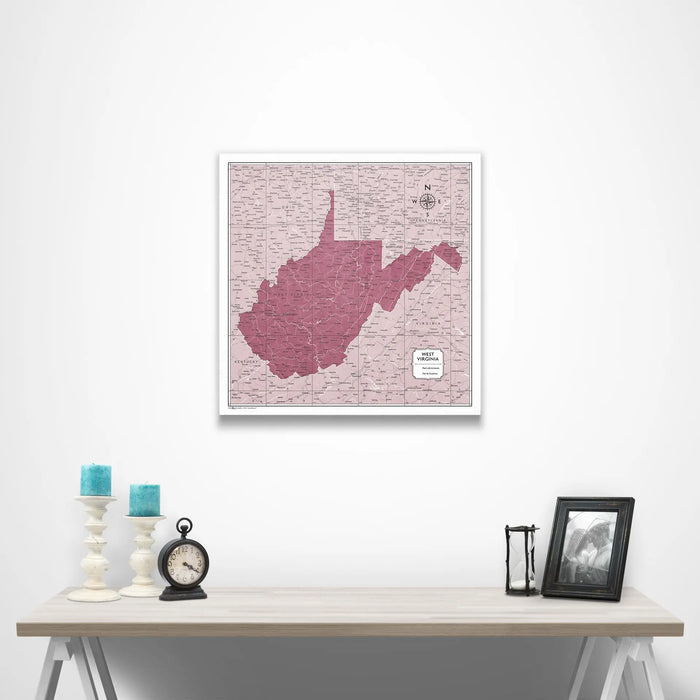 Push Pin West Virginia Map (Pin Board/Poster) - Burgundy Color Splash CM Pin Board