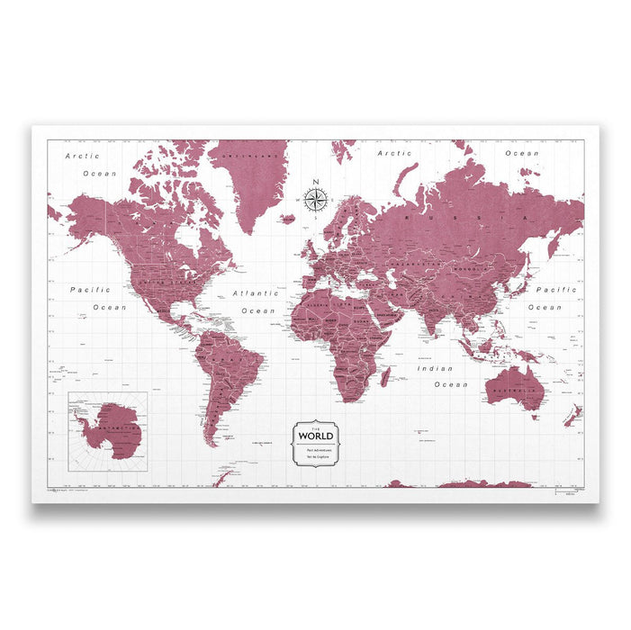 World Travel Map Pin Board with Push Pins: Burgundy Color Splash