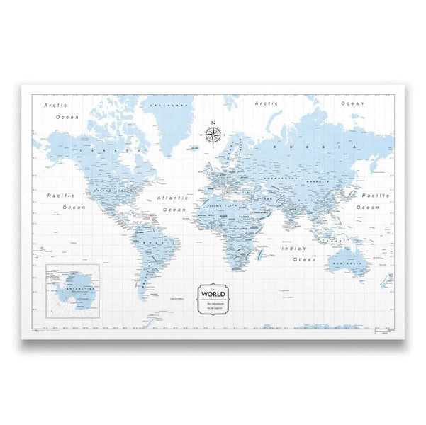 World Map With Push Pins - Light Blue and Tan – Modern Map Art